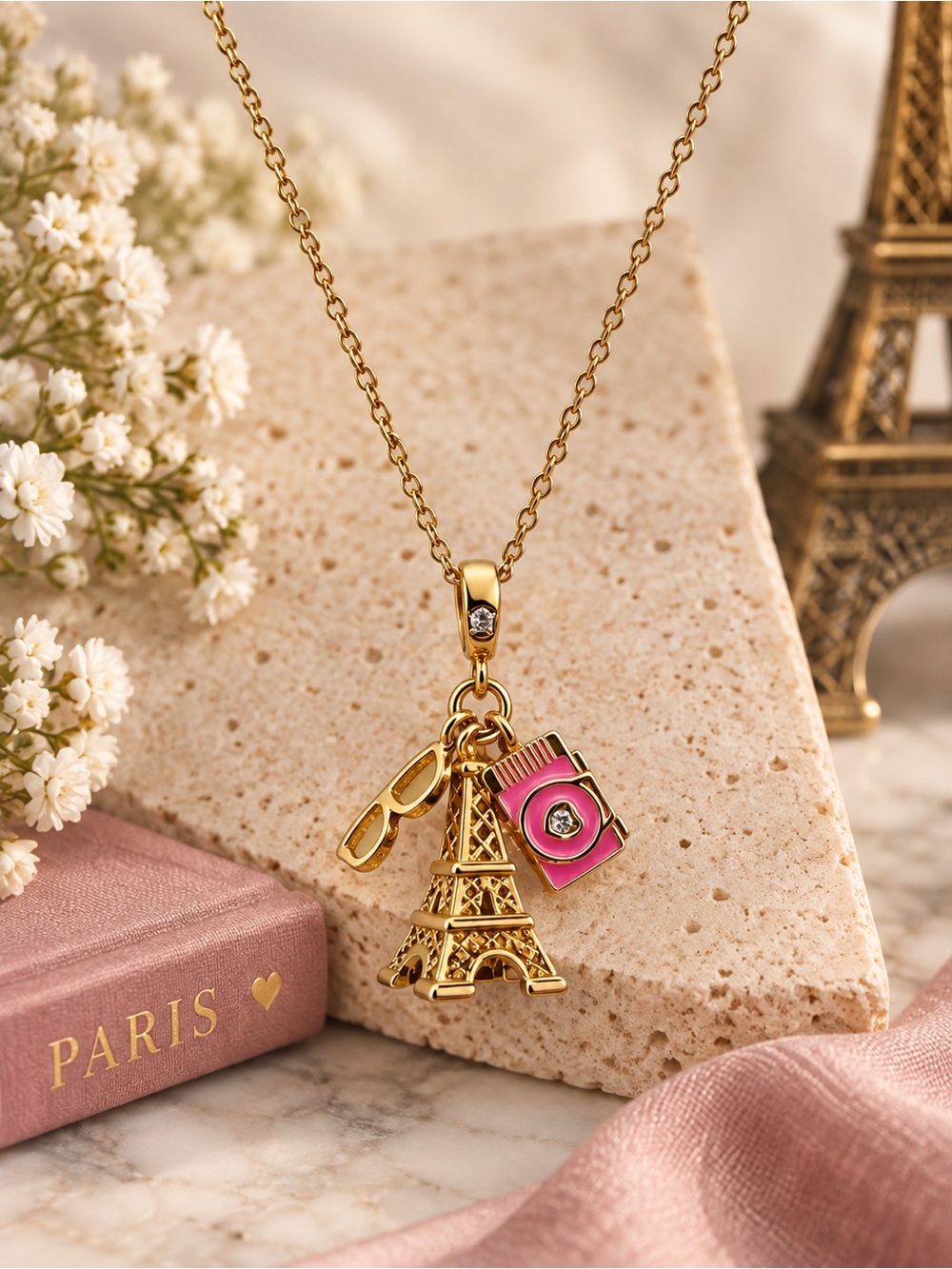 Paris Eiffel Tower Charm Necklace Gold Tone Pink Camera Sunglasses Travel